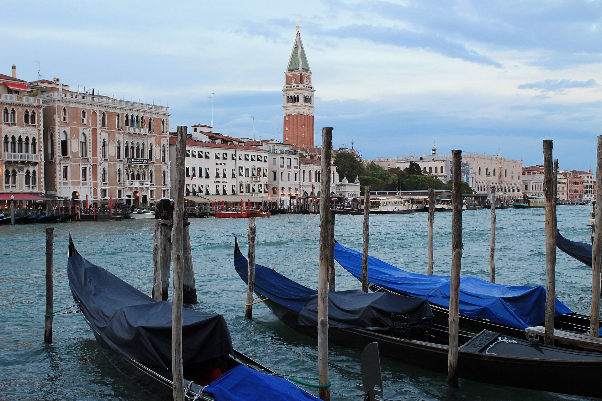 Gondolas tied along the Grand Canal